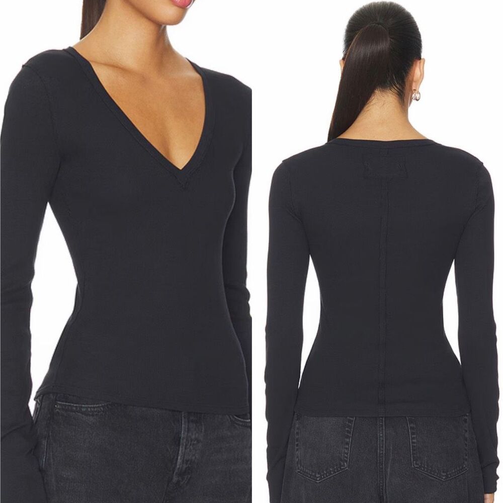 Free People We The Free Neria Ribbed V Neck Top in black M NEW